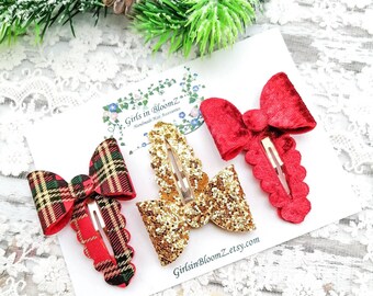 Christmas Hair Clip Set: Glitter, Plaid & Velvet Bows