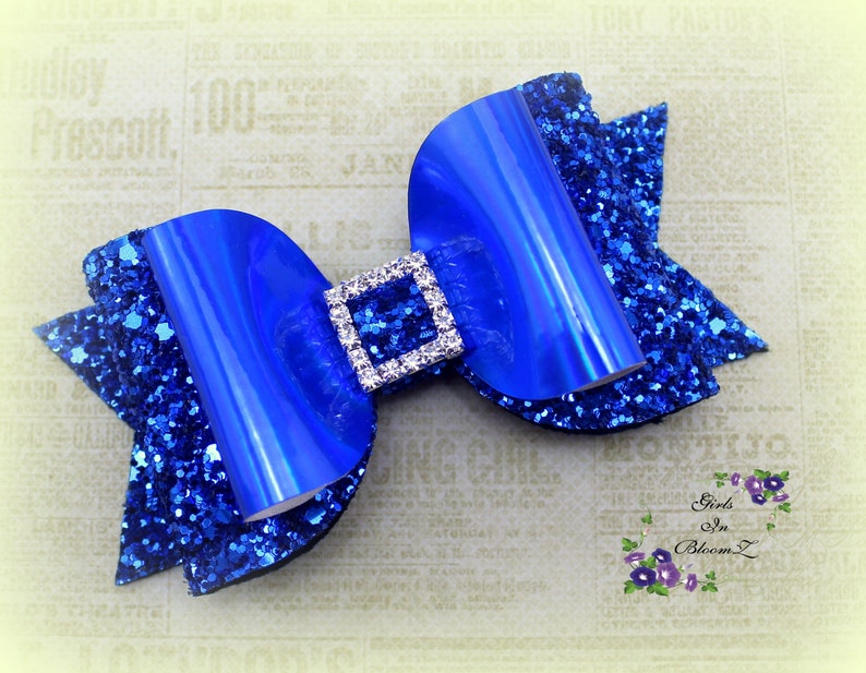 Large Blue Hair Bow - Sparkly Glitter Bow with Elastic Band - wide 11