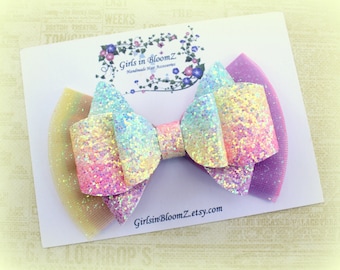 Rainbow hair bow/Rainbow glitter hair bow/Rainbow headband/Girls glitter hair bow/Glitter bow headband/Summer hair bow
