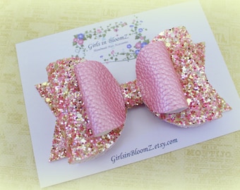 Gold Glitter Hair Bow: Pink Faux Suede Girl's Headband