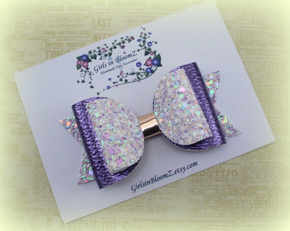 Glitter Faux Leather Hair Bow: Purple Lilac Headband