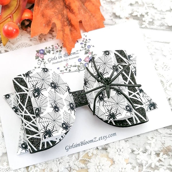 Halloween Hair bow-Spider hair bow-Girls black & white hair bow-Halloween headband-Spiderweb hair clip