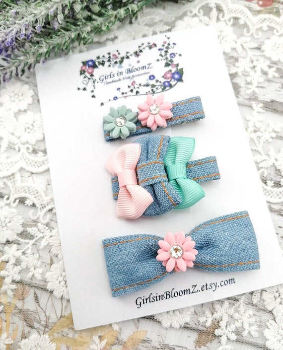 Denim Hair Clip Set: Handmade Alligator Clips With Bows  display picture 2