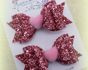 Pink Glitter Heart Hair Bows: Valentine's Day Pigtail Clips - Set of 2