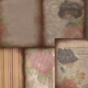 May include: A collage of vintage images featuring roses, butterflies, and a woman in a hat. The images are printed on paper with a distressed, aged look. The text on the images includes "POST CARD" and "Private Mailing Card".