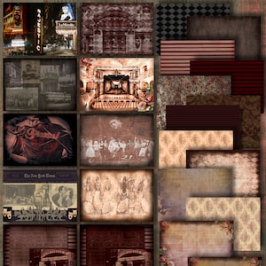 May include: A collage of vintage theater-themed images. Includes images of theater marquees, stage performances, and playbills. The color palette is primarily sepia tones with accents of red and pink. The word "Grease" is visible.
