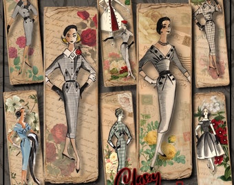Imprimibles Digital Vintage Decorative Bookmarks "Classy Ladies" 2.175" x 5" Fashion Magazine illustration collages for Journals, Scrapbooking