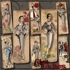 Printable Digital Vintage Decorative Bookmarks "Classy Ladies" 2.175" x 5" Fashion Magazine illustration collages for Journals, Scrapbooking