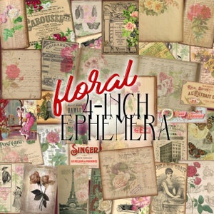 Printable Digital Floral 4&quot; Ephemera Vintage Ledgers, Labels, Ads, French Page, Singer Sewing, Illustrations, Flowers, MORE...4Junk Journals