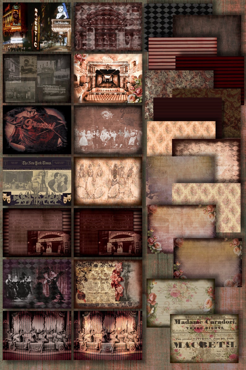 May include: A collage of vintage theater-themed images. Includes images of theater marquees, stage performances, and playbills. The color palette is primarily sepia tones with accents of red and pink. The word "Grease" is visible.