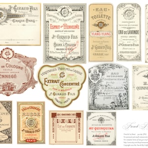 Digitale afdrukbare Vintage Franse Parfume Labels Set 1 COMMERCIEEL GEBRUIK & 4 Junk Journals, Scrapbooking, Card Making, Paper Crafts, Multi-Media