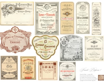 Digital Printable Vintage French Parfume Labels Set 1 COMMERCIAL USE & 4 Junk Journals, Scrapbooking, Card Making, Paper Crafts, Multi-Media