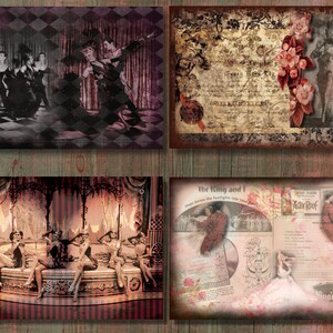 May include: Four vintage-style prints featuring theatrical scenes. One print shows dancers on stage, another has floral and script elements, and two others depict couples and stage settings. The prints have a sepia and muted color palette.