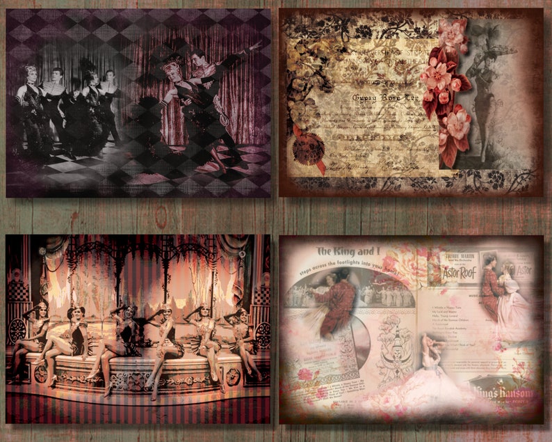 May include: Four vintage-style prints featuring theatrical scenes. One print shows dancers on stage, another has floral and script elements, and two others depict couples and stage settings. The prints have a sepia and muted color palette.