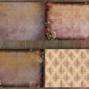 May include: Four vintage-style paper sheets with a distressed look. Two sheets feature lined paper with rose corner accents. One sheet has a faded background with text. The fourth sheet has a floral pattern.
