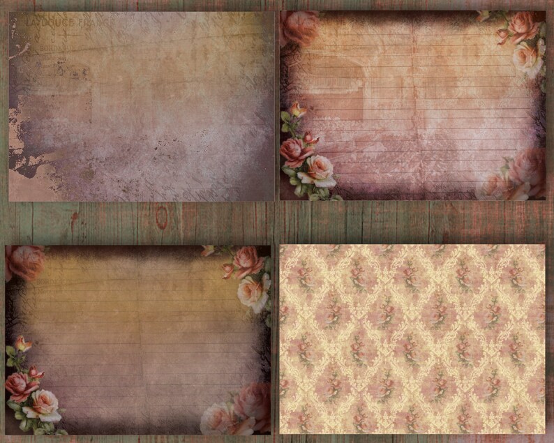 May include: Four vintage-style paper sheets with a distressed look. Two sheets feature lined paper with rose corner accents. One sheet has a faded background with text. The fourth sheet has a floral pattern.
