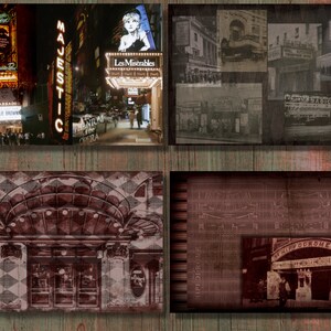May include: A collage of Broadway theater marquees and vintage theater images. The top left features the Ambassador Theatre and Charlie Brown. The top right shows the Majestic and Les Miserables. The bottom images show theater entrances.
