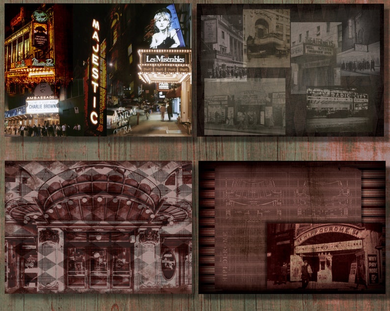 May include: A collage of Broadway theater marquees and vintage theater images. The top left features the Ambassador Theatre and Charlie Brown. The top right shows the Majestic and Les Miserables. The bottom images show theater entrances.