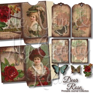 May include: A printable journal collection with a vintage aesthetic. The collection features images of roses, butterflies, and women in vintage clothing. The text "Dear Rose" is printed on the bottom of the image.