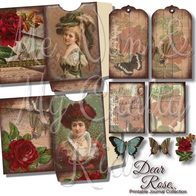 May include: A printable journal collection with a vintage aesthetic. The collection features images of roses, butterflies, and women in vintage clothing. The text "Dear Rose" is printed on the bottom of the image.
