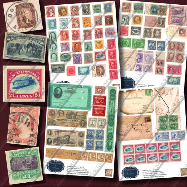 4 Pgs of Printable Vintage N Grungy Stamps, Envelopes & XTras for Journals, Folios, Altered Art, Collages, ATCs, ACEO, Scrapbooking, Vintage