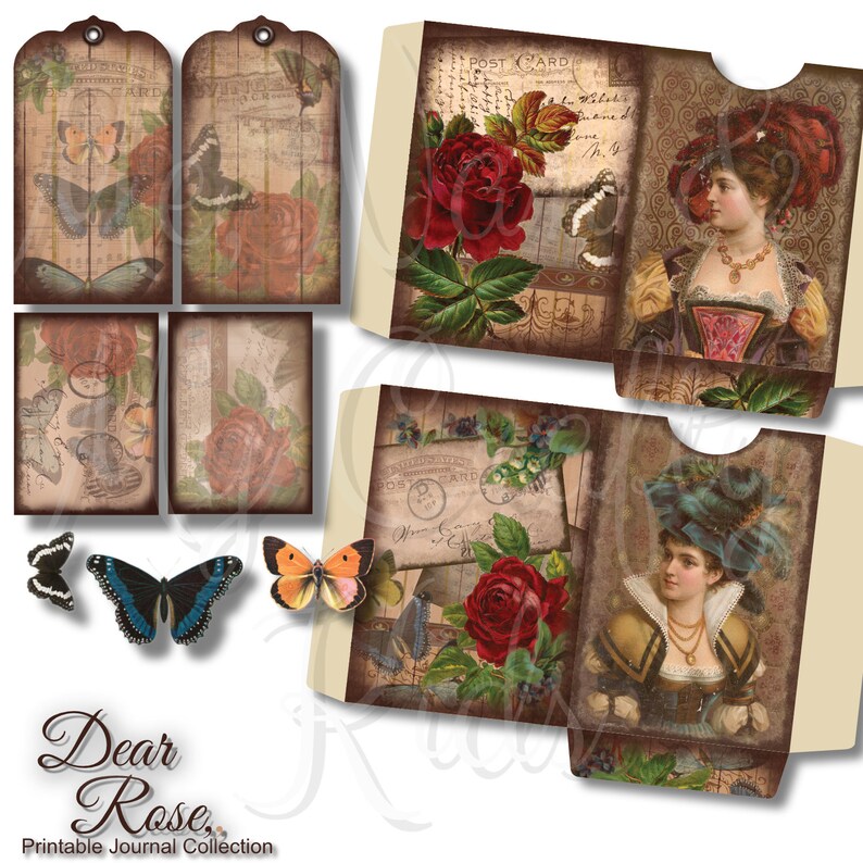 May include: Printable journal collection with a vintage aesthetic. The collection features images of roses, butterflies, and women in vintage clothing. The text "Dear Rose" is printed on the bottom of the image.