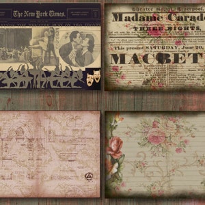 May include: A collection of four vintage-style prints. One features a newspaper clipping from The New York Times, another a playbill for "Macbeth" with floral accents, and two decorative papers with architectural and floral designs.