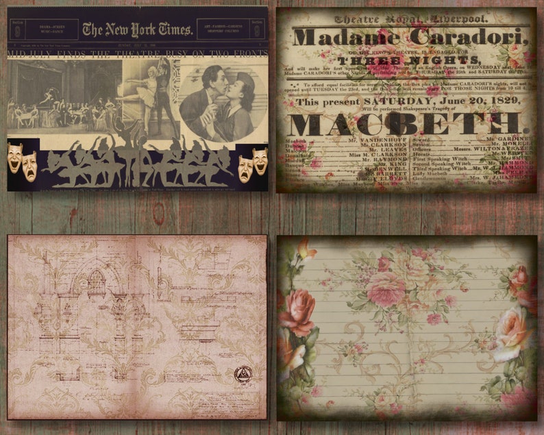 May include: A collection of four vintage-style prints. One features a newspaper clipping from The New York Times, another a playbill for "Macbeth" with floral accents, and two decorative papers with architectural and floral designs.