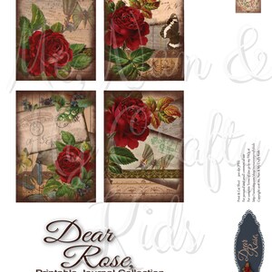 May include: Printable journal collection with four digital papers featuring red roses, butterflies, and vintage postcards. The papers are titled "Dear Rose, Printable Journal Collection".