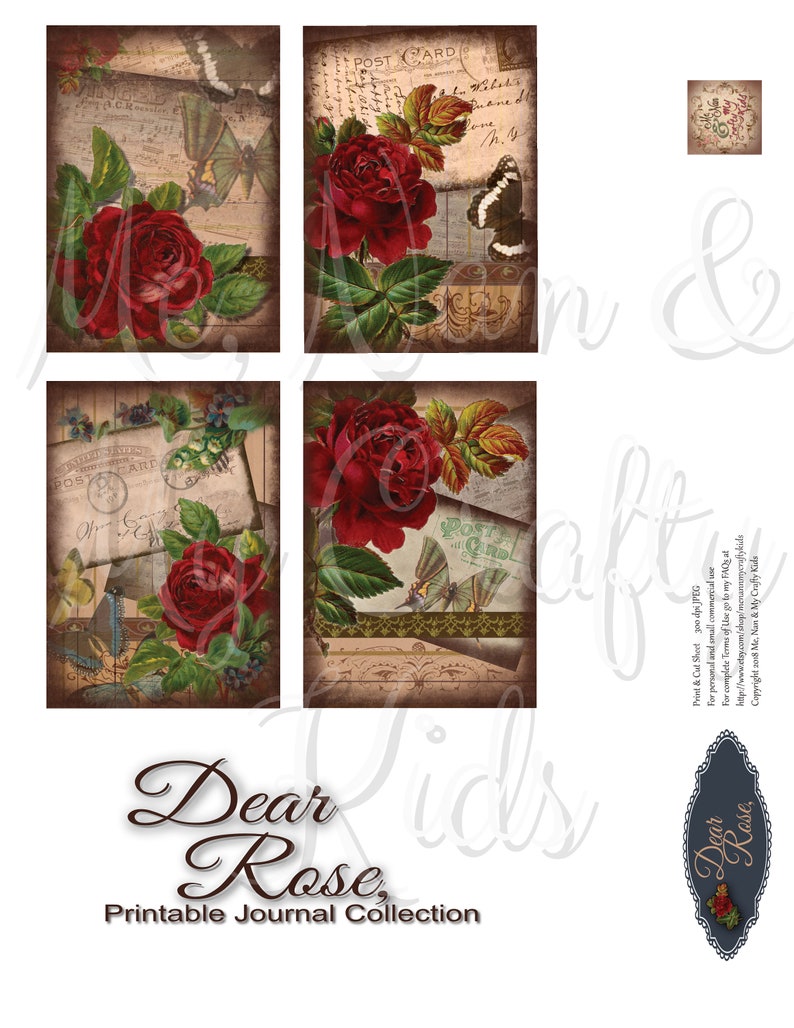 May include: Printable journal collection with four digital papers featuring red roses, butterflies, and vintage postcards. The papers are titled "Dear Rose, Printable Journal Collection".