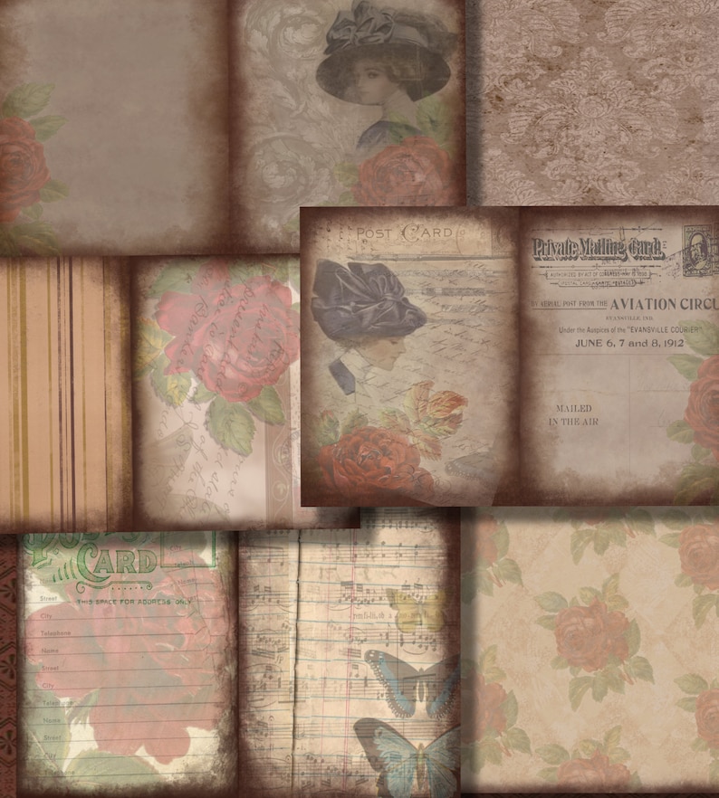 May include: A collage of vintage images featuring roses, butterflies, and a woman in a hat. The images are printed on paper with a distressed, aged look. The text on the images includes "POST CARD" and "Private Mailing Card".