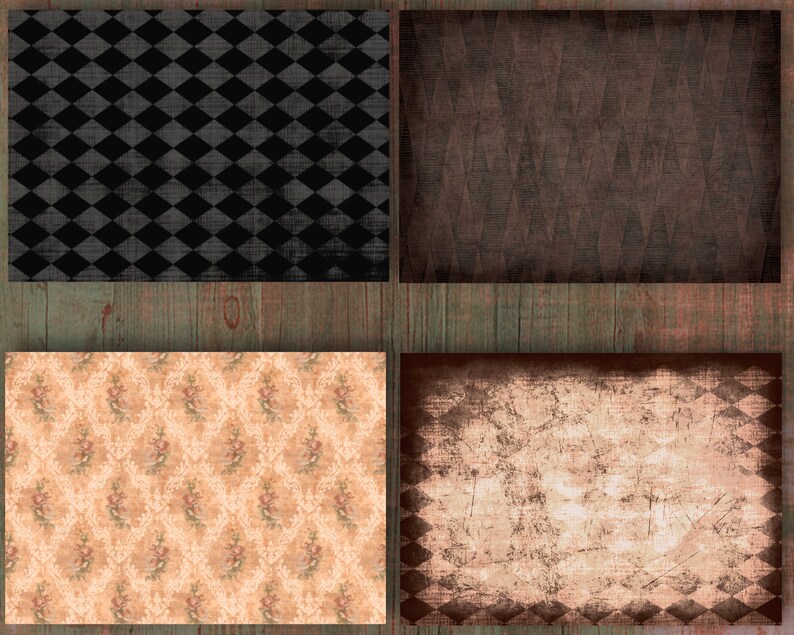 May include: Four rectangular backgrounds with different patterns. Top left: black diamond pattern. Top right: brown diamond pattern. Bottom left: floral pattern. Bottom right: distressed brown background with diamond border.