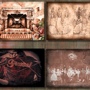 May include: A collage of four vintage-style prints. One depicts a theater interior, another features figures in period costumes, and two others showcase imagery from the musical "Grease". The prints have a sepia tone and are arranged on a wooden background.