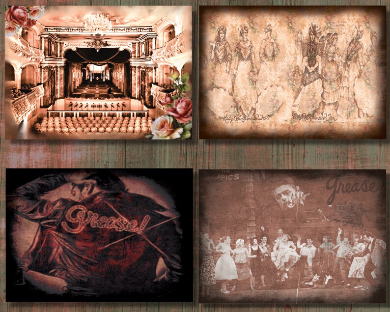 May include: A collage of four vintage-style prints. One depicts a theater interior, another features figures in period costumes, and two others showcase imagery from the musical "Grease". The prints have a sepia tone and are arranged on a wooden background.