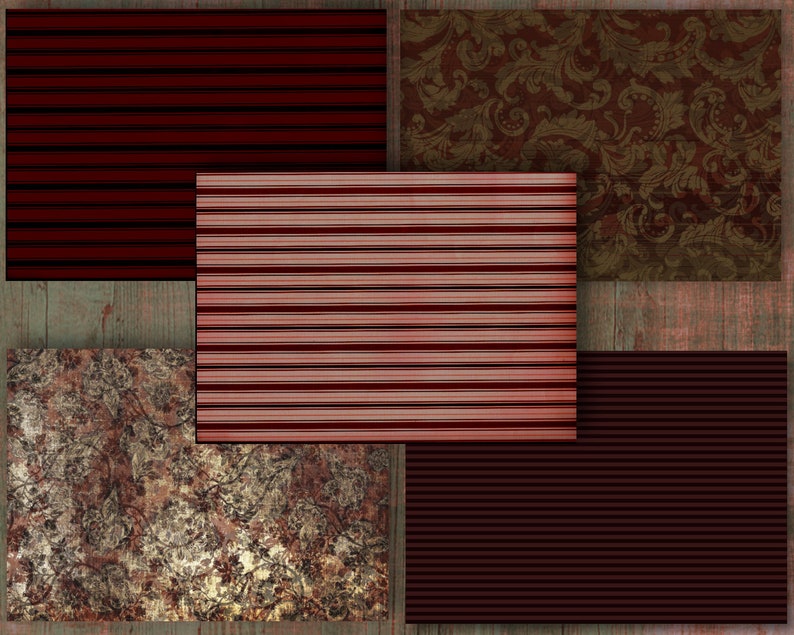 May include: A collage of patterned paper samples in shades of red, brown, and gold. Designs include stripes, floral, and damask patterns. The papers are arranged on a weathered wooden surface, creating a vintage aesthetic.