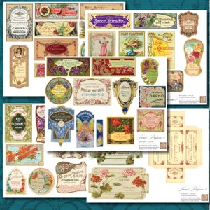 Digitale afdrukbare Vintage Franse Parfume Labels Set 2 COMMERCIEEL GEBRUIK & 4 Junk Journals, Scrapbooking, Card Making, Paper Crafts, Multi-Media