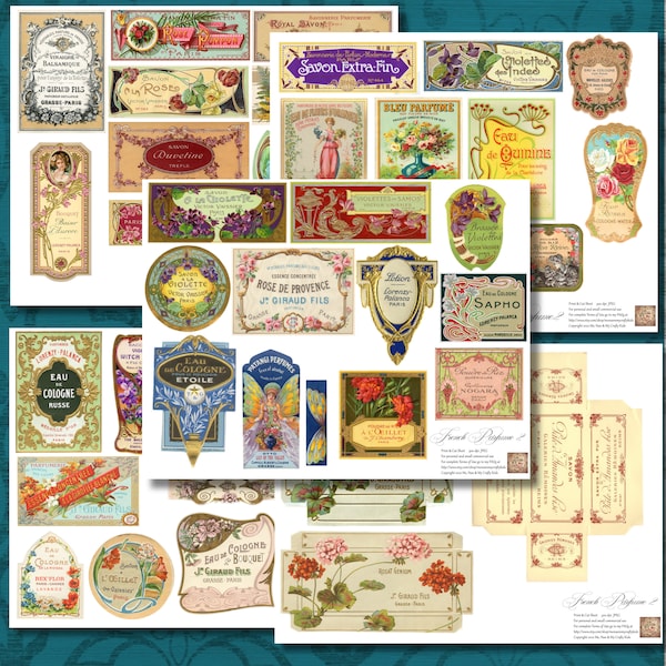 Digital Printable Vintage French Parfume Labels Set 2 COMMERCIAL USE & 4 Junk Journals, Scrapbooking, Card Making, Paper Crafts, Multi-Media