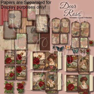 May include: Printable journal collection with a vintage aesthetic. The collection features images of roses, butterflies, and women in vintage clothing. The text "Dear Rose" is printed at the top of the image.