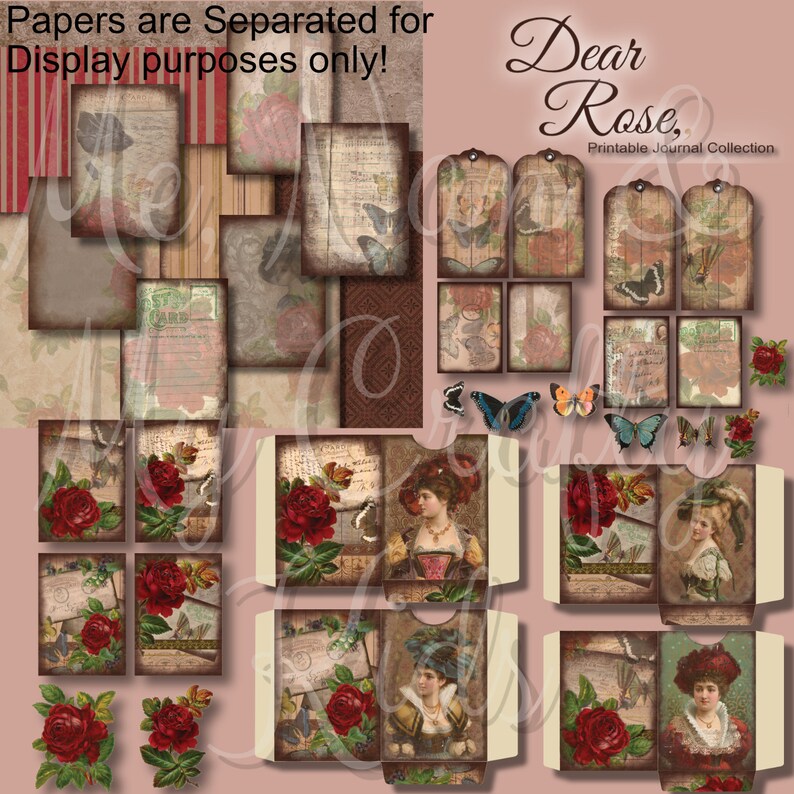 May include: Printable journal collection with a vintage aesthetic. The collection features images of roses, butterflies, and women in vintage clothing. The text "Dear Rose" is printed at the top of the image.