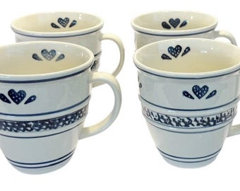 Set di 4 tazze da caffè vintage anni '90 Tienshan Country Crock in ceramica blu con decorazioni a cuore e spugna.