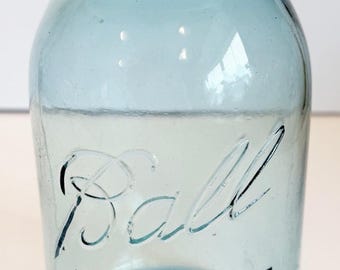 Antique Aqua Blue Ball Quart Size Embossed Perfect Mason Jar w/New 2Pc. Lid #3