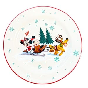 New Vintage Disney Parks Happy Holidays Christmas Collectible Plate Mickey Minnie & Pluto Pulling Sled
