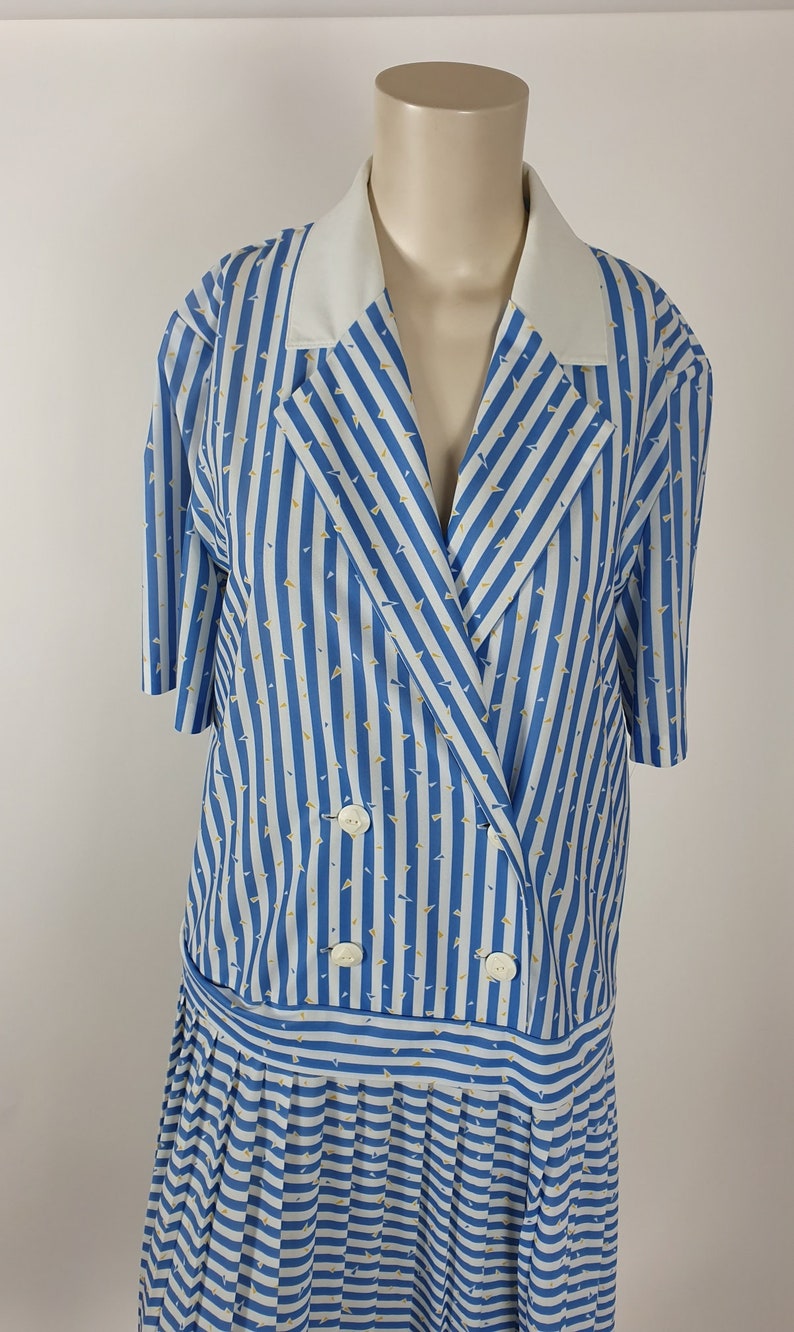 Vintage St Michael 50s 80s Blue White Striped Nautical Double breasted Pleated Dress