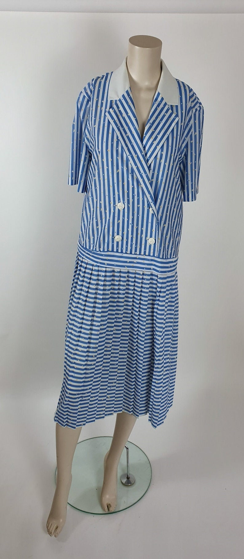 Vintage St Michael 50s 80s Blue White Striped Nautical Double breasted Pleated Dress