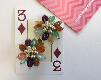 Vintage 80s Floral Bead Clip On Earrings