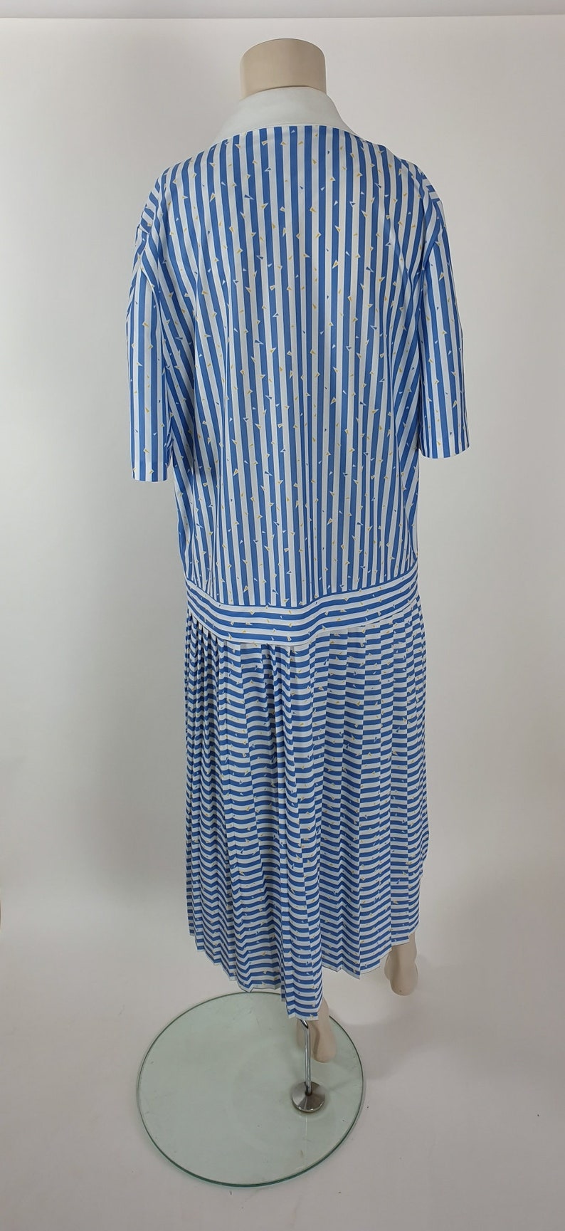 Vintage St Michael 50s 80s Blue White Striped Nautical Double breasted Pleated Dress