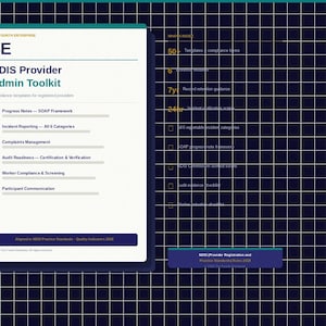 Könnte beinhalten: Ein weißes Dokument mit dem Titel 4E NDIS Provider Admin Toolkit auf einem dunkelblauen Rasterhintergrund. Es listet Module wie Progress Notes, Incident Reporting und Complaints Management auf, mit einer Seitenleiste für über 50 Vorlagen und Formulare.