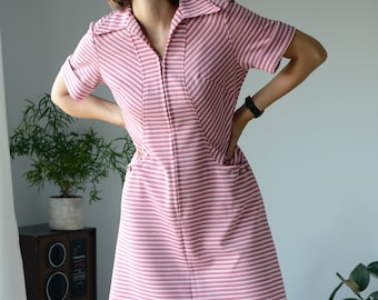 Midi shirt dress with zip front in pink stripe