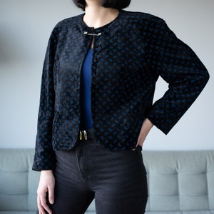 Veste en velours vintage Glam Rock à motif cachemire bleu