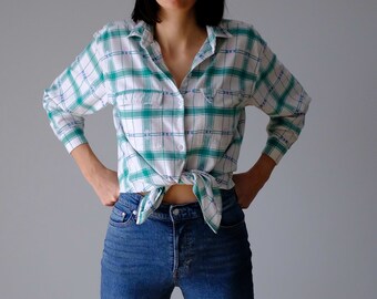 White cotton shirt in green check
